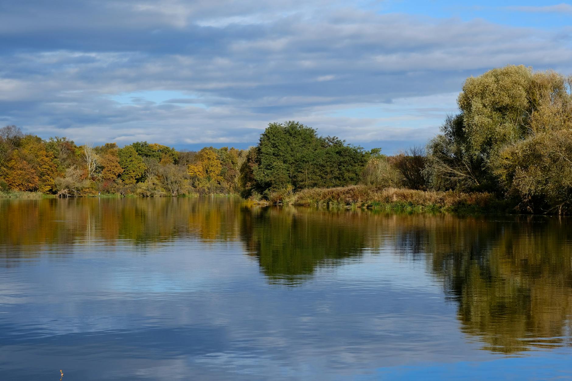 Calm river reflecting autumn foliage and blue sky with clouds.